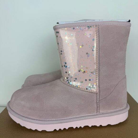 NWB UGG Kids Classic II Clear Glitter Wool Lined Suede Pink Stars Winter Boots 5 - Picture 2 of 8